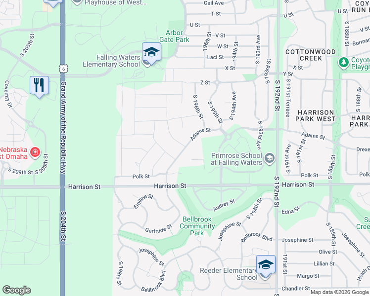 map of restaurants, bars, coffee shops, grocery stores, and more near 6163 South 198th Street in Omaha