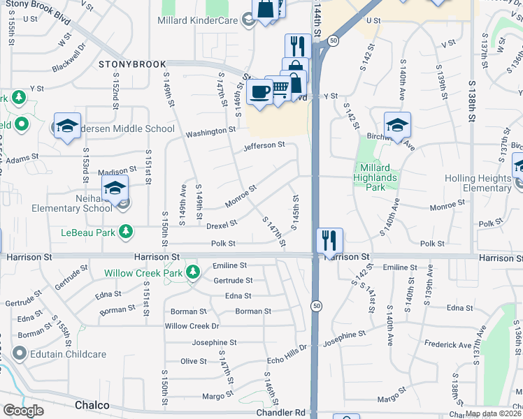 map of restaurants, bars, coffee shops, grocery stores, and more near 14627 Drexel Street in Omaha