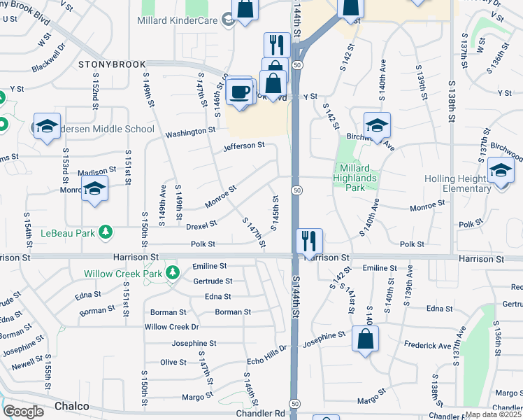 map of restaurants, bars, coffee shops, grocery stores, and more near 14515 Polk Circle in Omaha