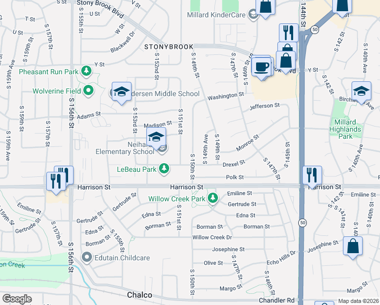 map of restaurants, bars, coffee shops, grocery stores, and more near 6512 South 150th Street in Omaha