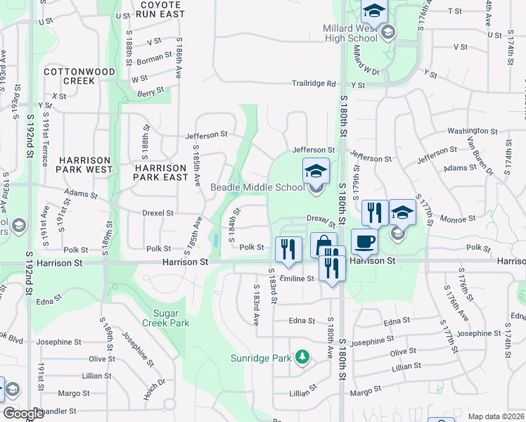 map of restaurants, bars, coffee shops, grocery stores, and more near 18305 Tyler Street in Omaha