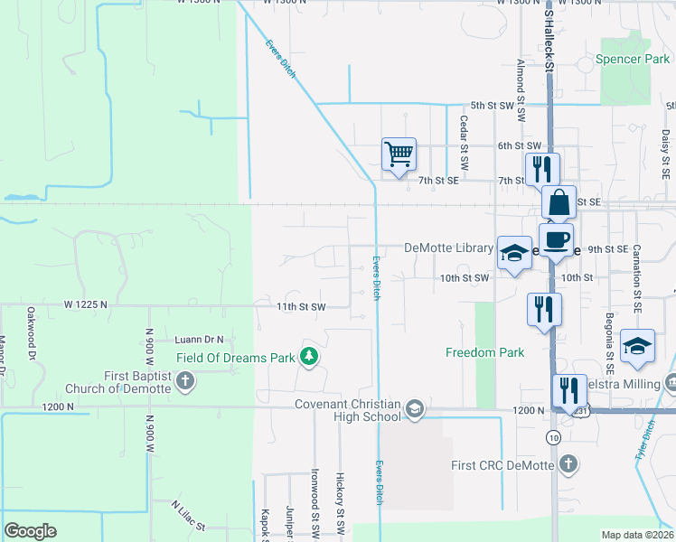 map of restaurants, bars, coffee shops, grocery stores, and more near 9th Street Southwest in De Motte