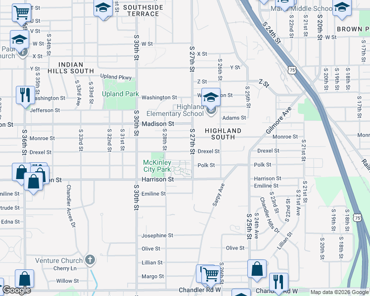 map of restaurants, bars, coffee shops, grocery stores, and more near 2714 Drexel Street in Omaha