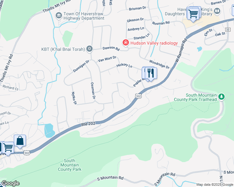 map of restaurants, bars, coffee shops, grocery stores, and more near 6 De Noyelle Circle in Mount Ivy