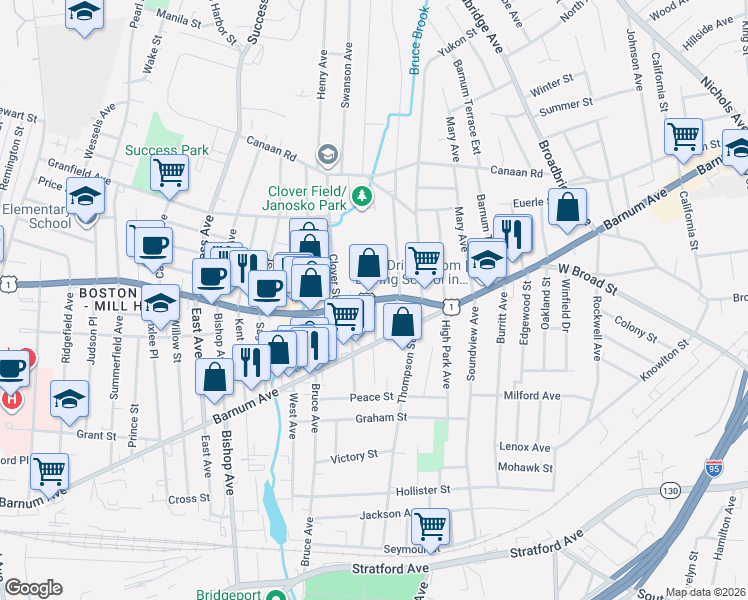 map of restaurants, bars, coffee shops, grocery stores, and more near 167 Boston Avenue in Stratford
