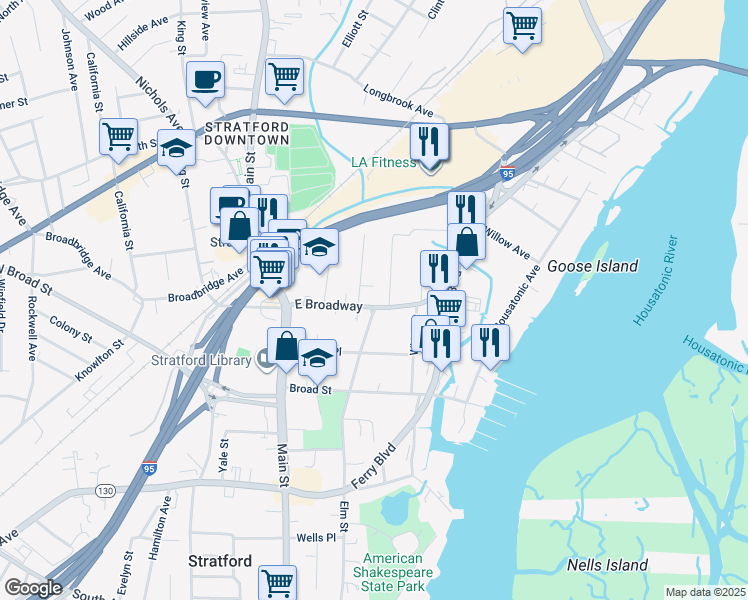 map of restaurants, bars, coffee shops, grocery stores, and more near 820 East Broadway in Stratford