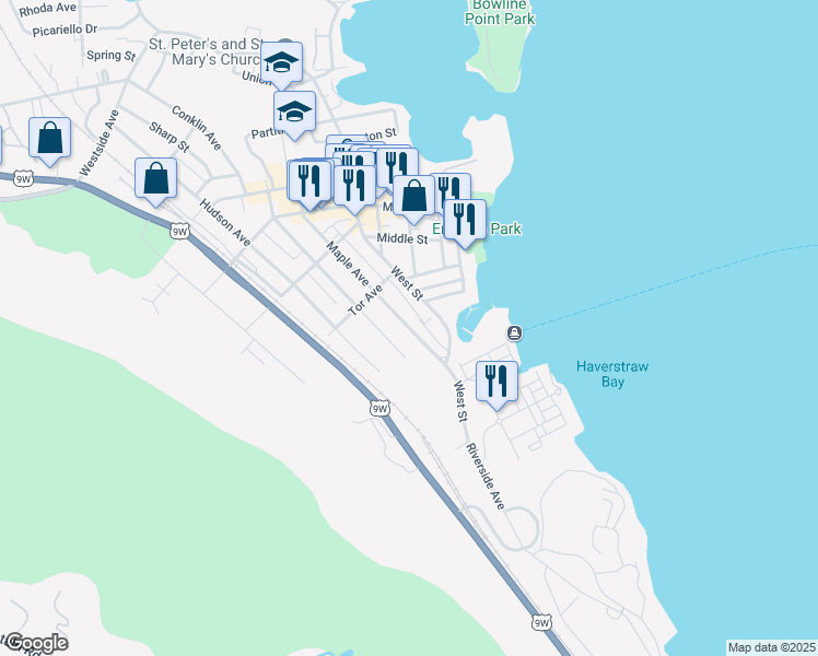 map of restaurants, bars, coffee shops, grocery stores, and more near 140 New York State Bicycle Route 9 in Haverstraw