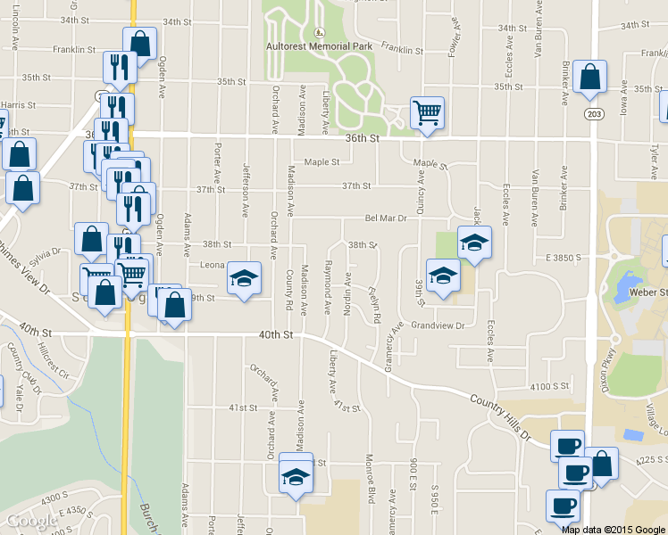 map of restaurants, bars, coffee shops, grocery stores, and more near 3860 Raymond Avenue in Ogden
