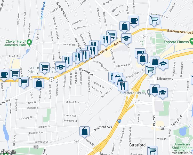 map of restaurants, bars, coffee shops, grocery stores, and more near 1573 West Broad Street in Stratford