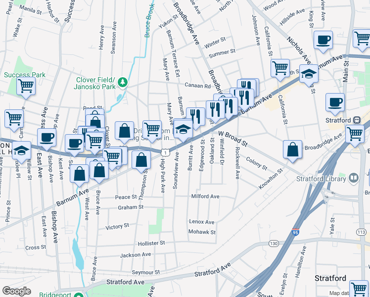 map of restaurants, bars, coffee shops, grocery stores, and more near 1895 Barnum Avenue in Stratford