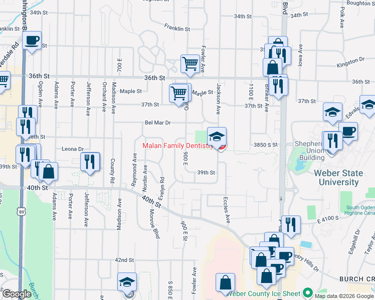 map of restaurants, bars, coffee shops, grocery stores, and more near 3826 39th Street in Ogden