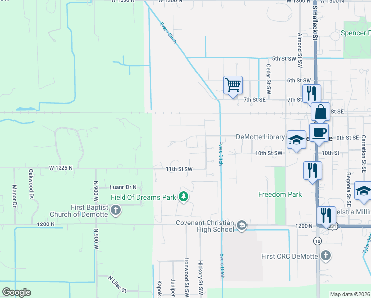 map of restaurants, bars, coffee shops, grocery stores, and more near 920 11th Street Southwest in De Motte