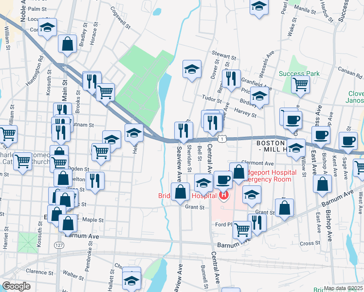 map of restaurants, bars, coffee shops, grocery stores, and more near 1290 Boston Avenue in Bridgeport