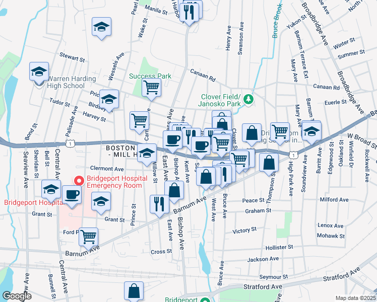 map of restaurants, bars, coffee shops, grocery stores, and more near 242 Kent Avenue in Bridgeport