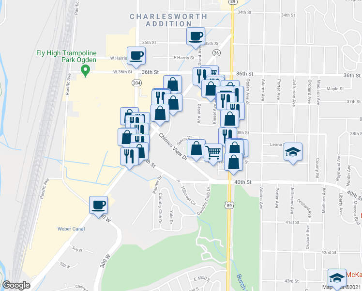 map of restaurants, bars, coffee shops, grocery stores, and more near 3820 Childs Avenue in Ogden