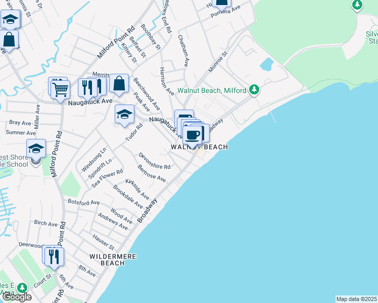 map of restaurants, bars, coffee shops, grocery stores, and more near 44 Park Avenue in Milford