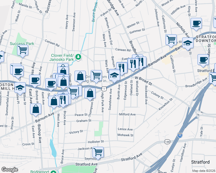 map of restaurants, bars, coffee shops, grocery stores, and more near 1950 Barnum Avenue in Stratford