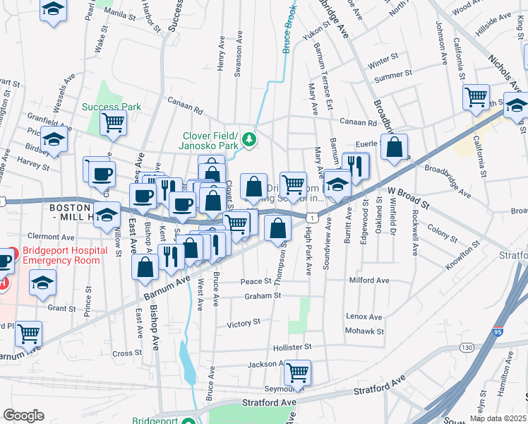 map of restaurants, bars, coffee shops, grocery stores, and more near in Stratford