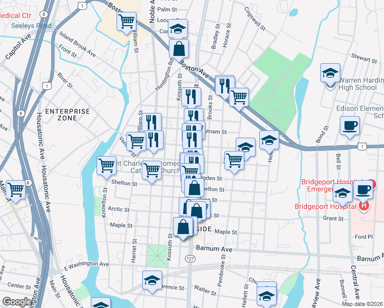 map of restaurants, bars, coffee shops, grocery stores, and more near 1340 East Main Street in Bridgeport