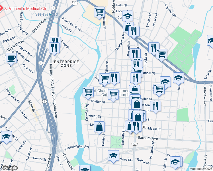 map of restaurants, bars, coffee shops, grocery stores, and more near 642 William Street in Bridgeport