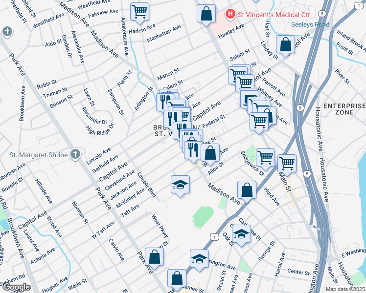 map of restaurants, bars, coffee shops, grocery stores, and more near 39 Cleveland Avenue in Bridgeport