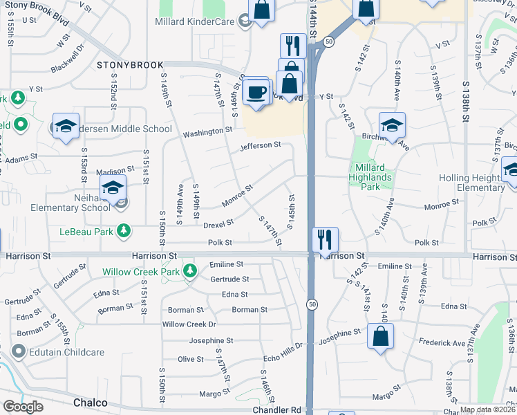 map of restaurants, bars, coffee shops, grocery stores, and more near 14627 Drexel Street in Omaha