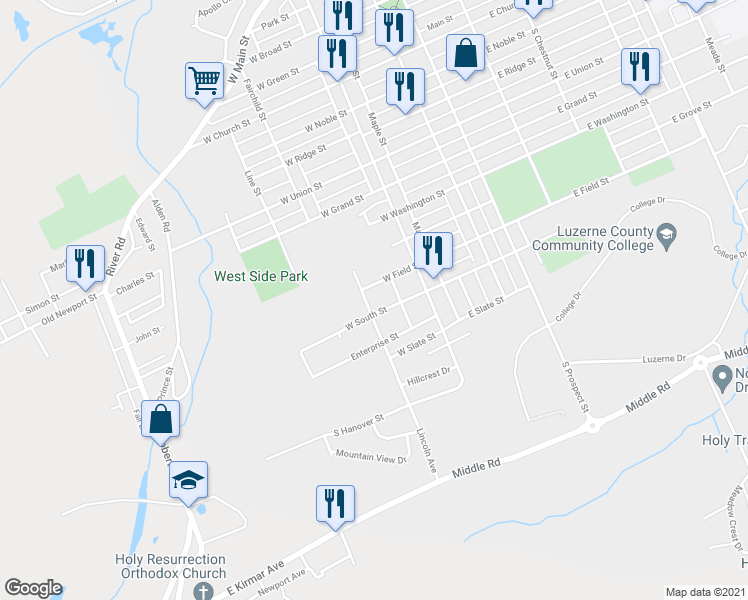 map of restaurants, bars, coffee shops, grocery stores, and more near 142 East South Street in Nanticoke
