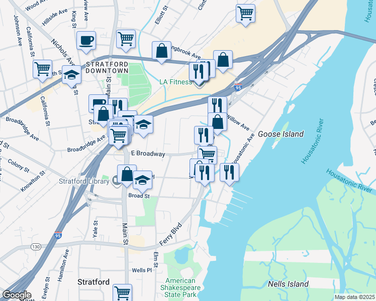 map of restaurants, bars, coffee shops, grocery stores, and more near 736 East Broadway in Stratford