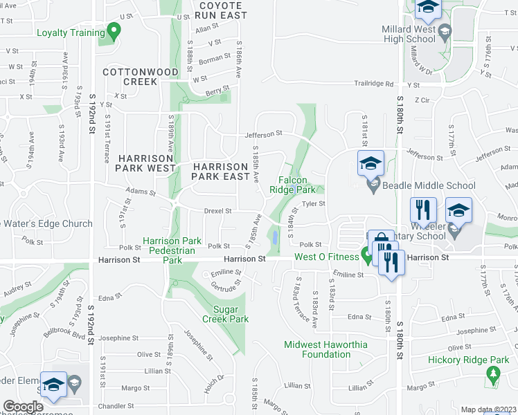 map of restaurants, bars, coffee shops, grocery stores, and more near 18552 Drexel Street in Omaha