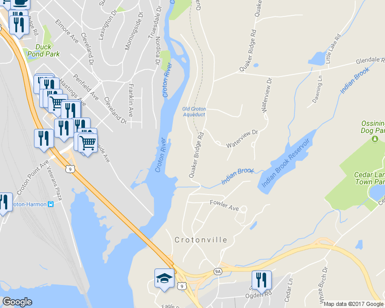 map of restaurants, bars, coffee shops, grocery stores, and more near 95 Quaker Bridge Road in Ossining