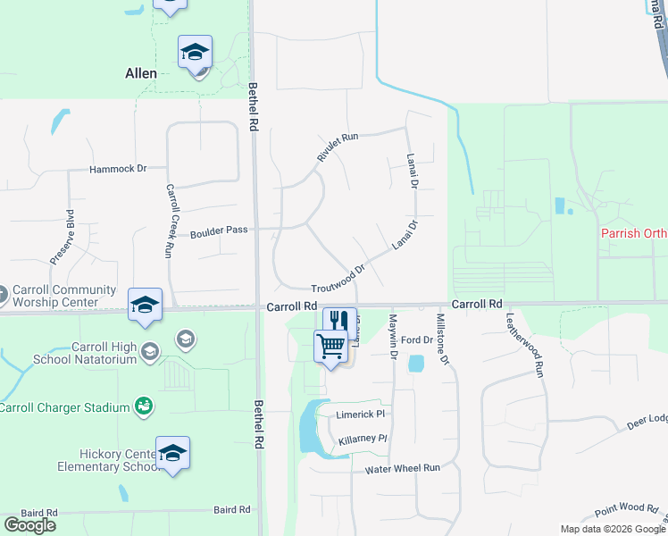 map of restaurants, bars, coffee shops, grocery stores, and more near 12015 Tapered Bank Run in Fort Wayne