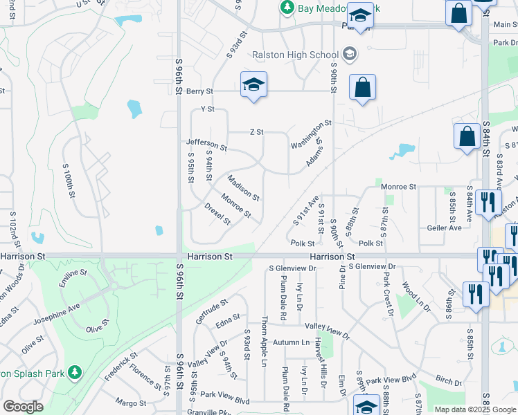 map of restaurants, bars, coffee shops, grocery stores, and more near 6510 South 92nd Street in Omaha