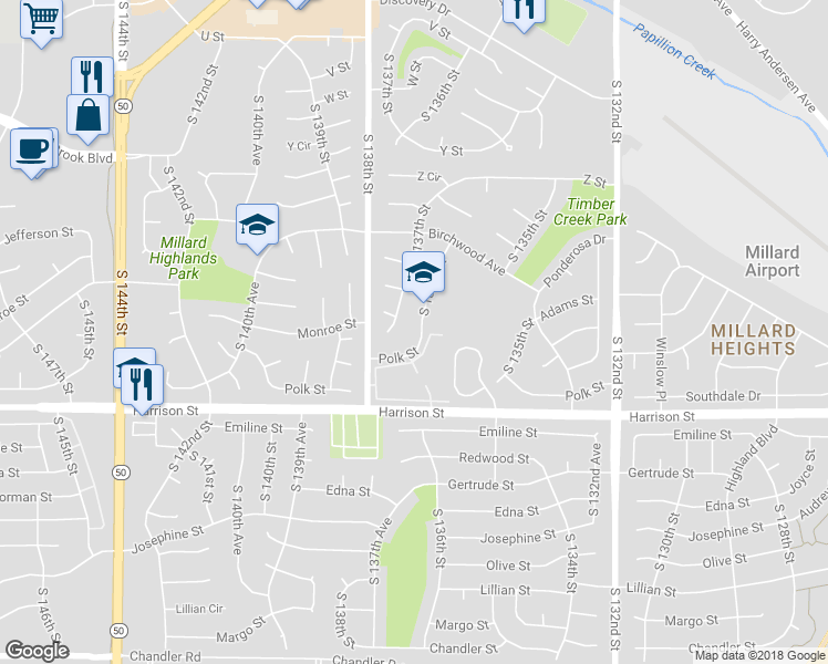 map of restaurants, bars, coffee shops, grocery stores, and more near 6618 South 136th Street in Omaha