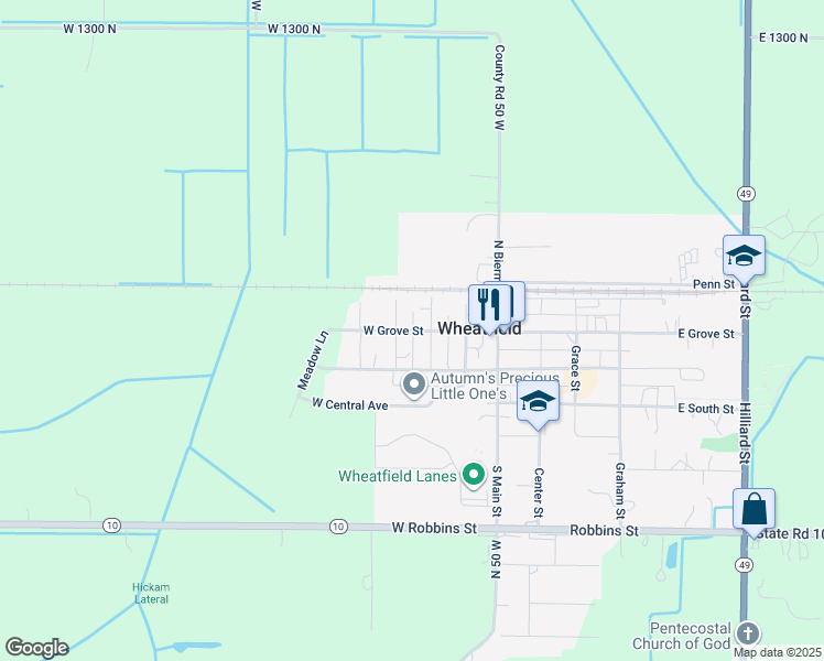 map of restaurants, bars, coffee shops, grocery stores, and more near West Grove Street in Jasper County