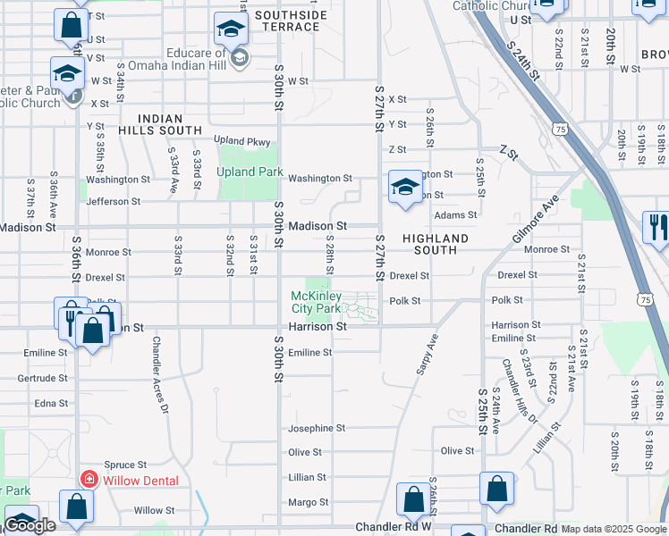 map of restaurants, bars, coffee shops, grocery stores, and more near 2742 Drexel Street in Omaha