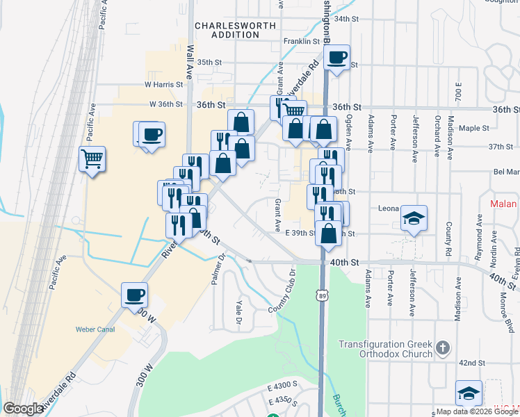 map of restaurants, bars, coffee shops, grocery stores, and more near 3820 Childs Avenue in Ogden
