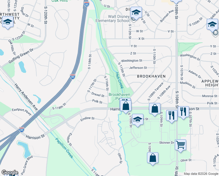 map of restaurants, bars, coffee shops, grocery stores, and more near 6571 South 116th Street in Omaha