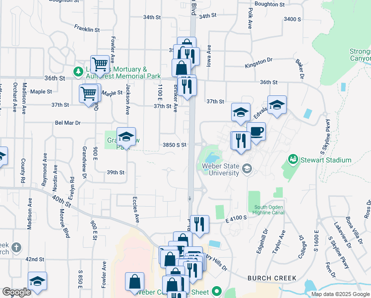 map of restaurants, bars, coffee shops, grocery stores, and more near 3860 Brinker Avenue in Ogden