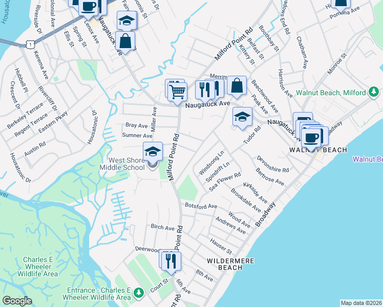 map of restaurants, bars, coffee shops, grocery stores, and more near 70 Morningmist Road in Milford