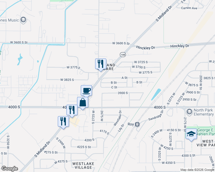 map of restaurants, bars, coffee shops, grocery stores, and more near 612 C Street in Roy