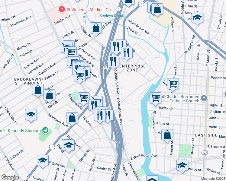 map of restaurants, bars, coffee shops, grocery stores, and more near 2-110 Wells Street in Bridgeport
