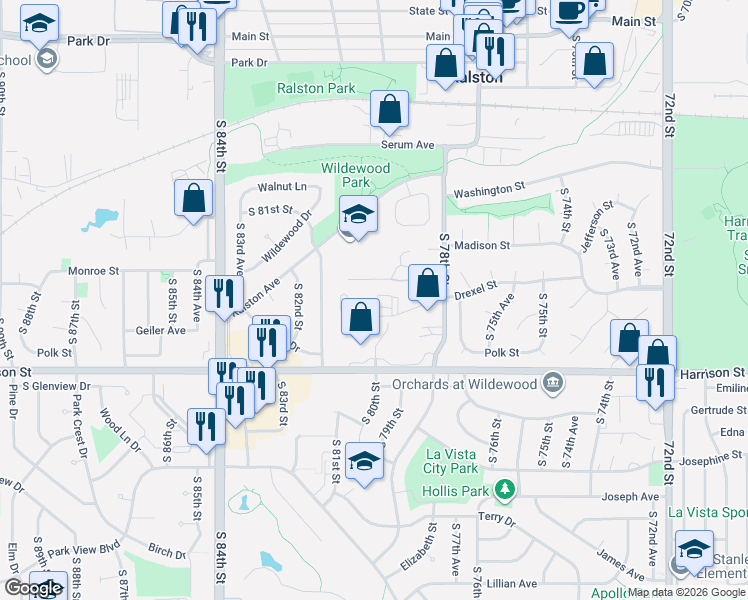 map of restaurants, bars, coffee shops, grocery stores, and more near 7920 Drexel Street in Ralston