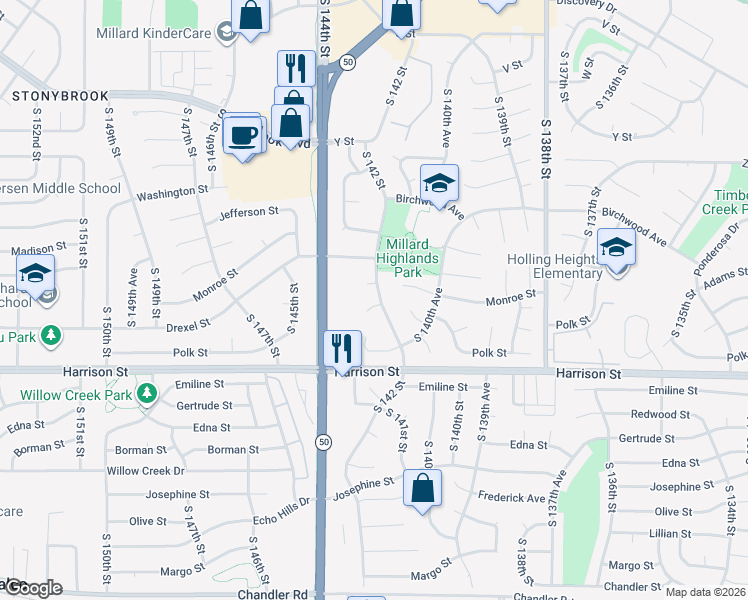 map of restaurants, bars, coffee shops, grocery stores, and more near 14206 Drexel Circle in Omaha