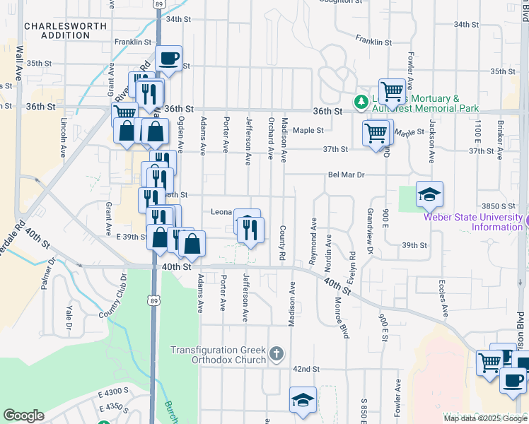 map of restaurants, bars, coffee shops, grocery stores, and more near 3831 Orchard Avenue in Ogden