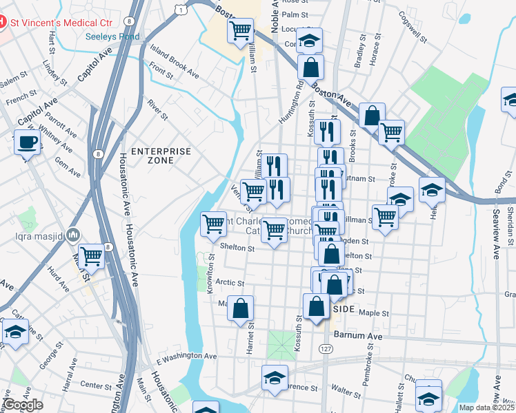 map of restaurants, bars, coffee shops, grocery stores, and more near 642 William Street in Bridgeport