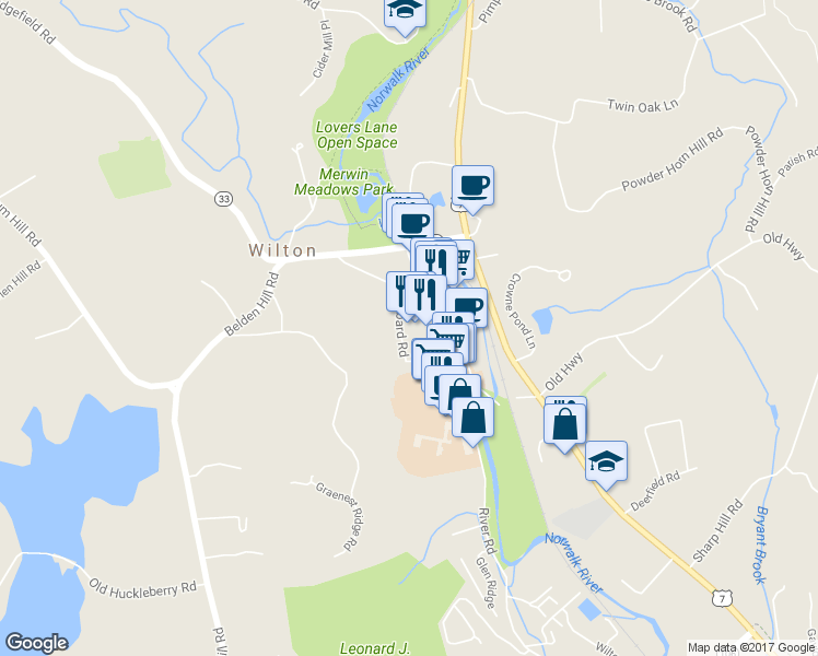 map of restaurants, bars, coffee shops, grocery stores, and more near 101 Old Ridgefield Road in Wilton