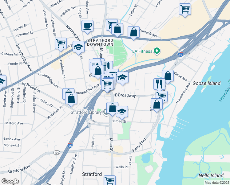 map of restaurants, bars, coffee shops, grocery stores, and more near 972 East Broadway in Stratford