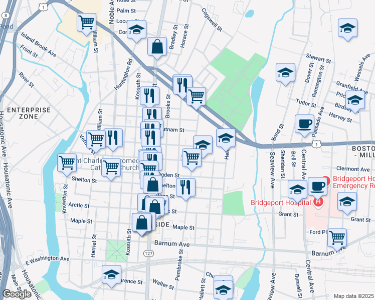 map of restaurants, bars, coffee shops, grocery stores, and more near 508 Berkshire Avenue in Bridgeport