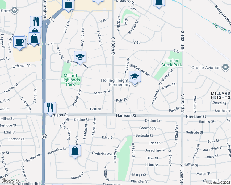 map of restaurants, bars, coffee shops, grocery stores, and more near 6624 South 137th Circle in Omaha