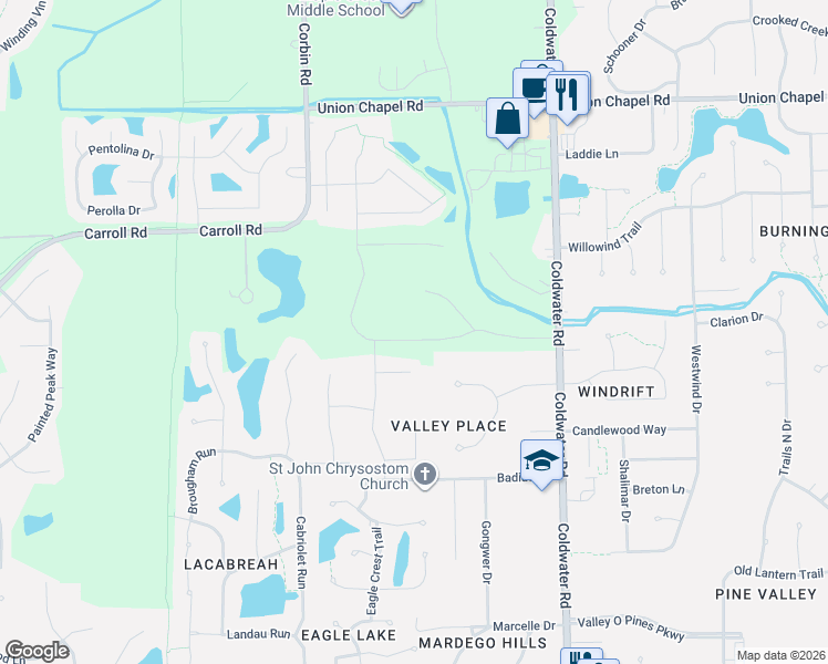 map of restaurants, bars, coffee shops, grocery stores, and more near 12115 Coldwater Road in Fort Wayne